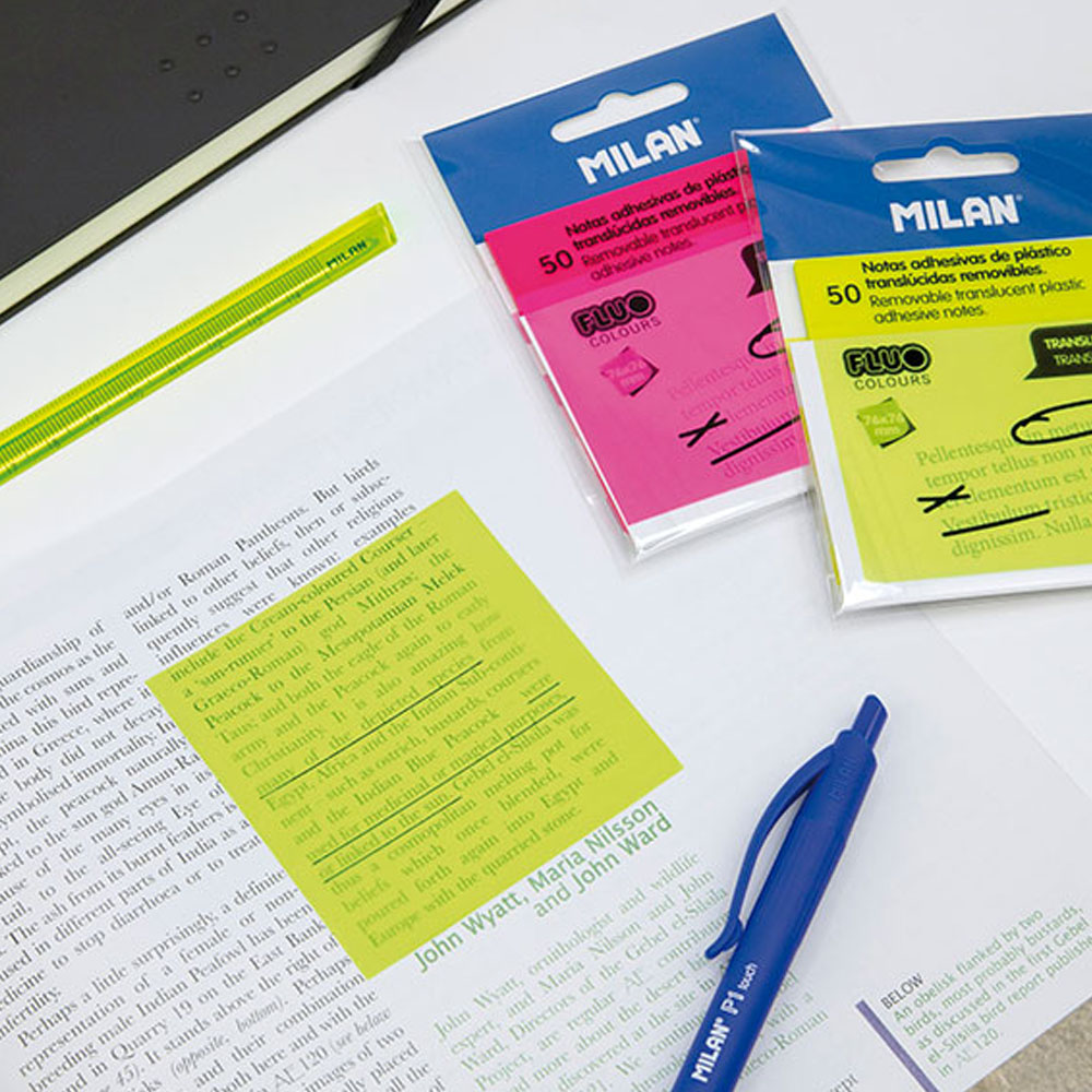 BLOC 50 NOTAS ADHESIVAS TRANSLÚCIDAS AMARILLO FLUO 76x76mm MILAN