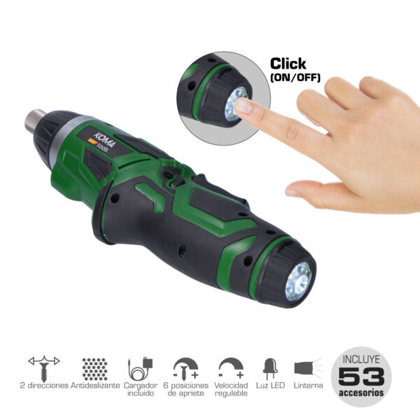 ATORNILLADOR A BATERIA REVERSIBLE 3,6V LITIO 1300mAh CON 53 ACCESORIOS 17,5x14,8cm KOMA TOOLS - Imagen 2
