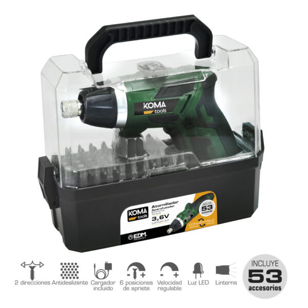 ATORNILLADOR A BATERIA REVERSIBLE 3,6V LITIO 1300mAh CON 53 ACCESORIOS 17,5x14,8cm KOMA TOOLS - Imagen 3