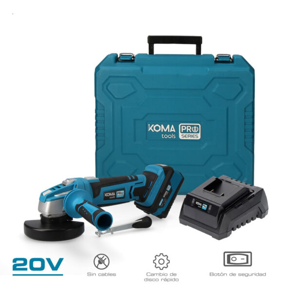 KIT MALETIN AMOLADORA 20V CON 1 BATERIA 4.0A Y CARGADOR 08772. 28,9x23,9cm KOMA TOOLS
