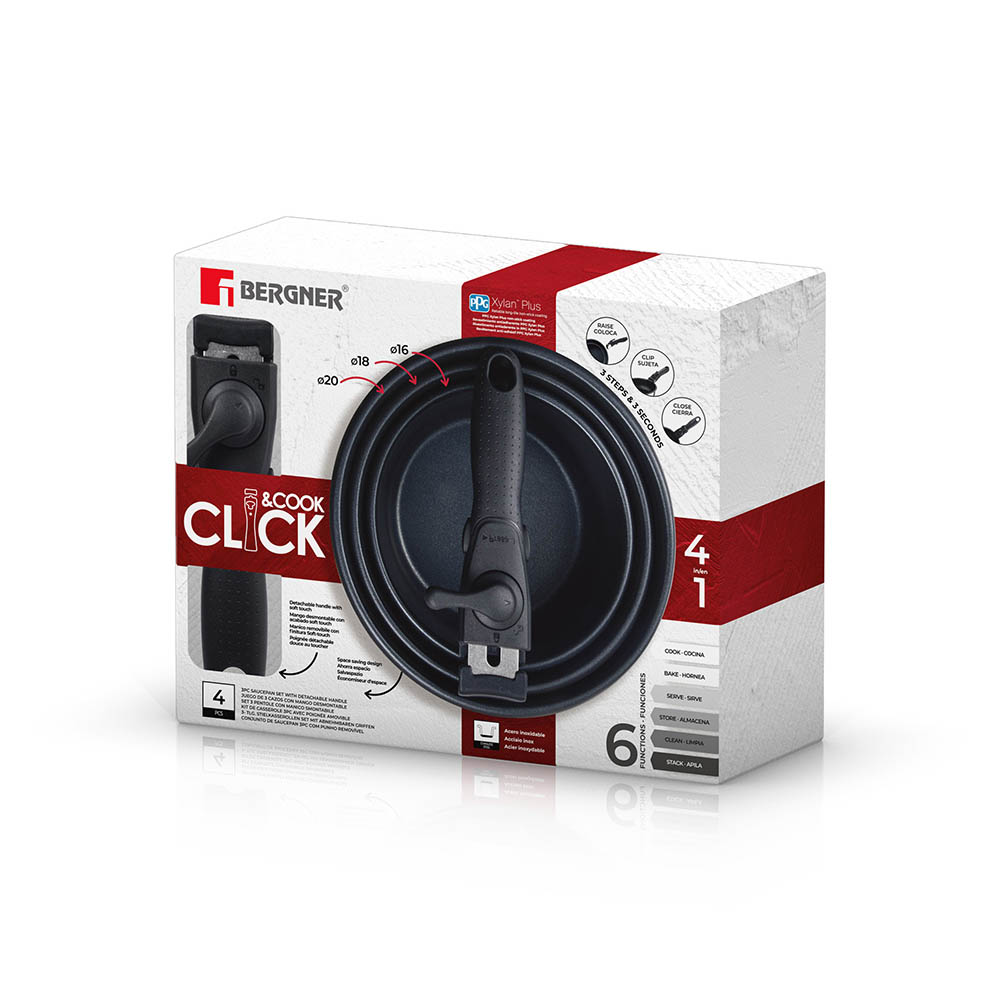 SET 3 CAZOS (Ø16x8cm/Ø18x9cm/Ø20x10cm) ACERO INOXIDABLE CLICK & COOK BERGNER - Imagen 3