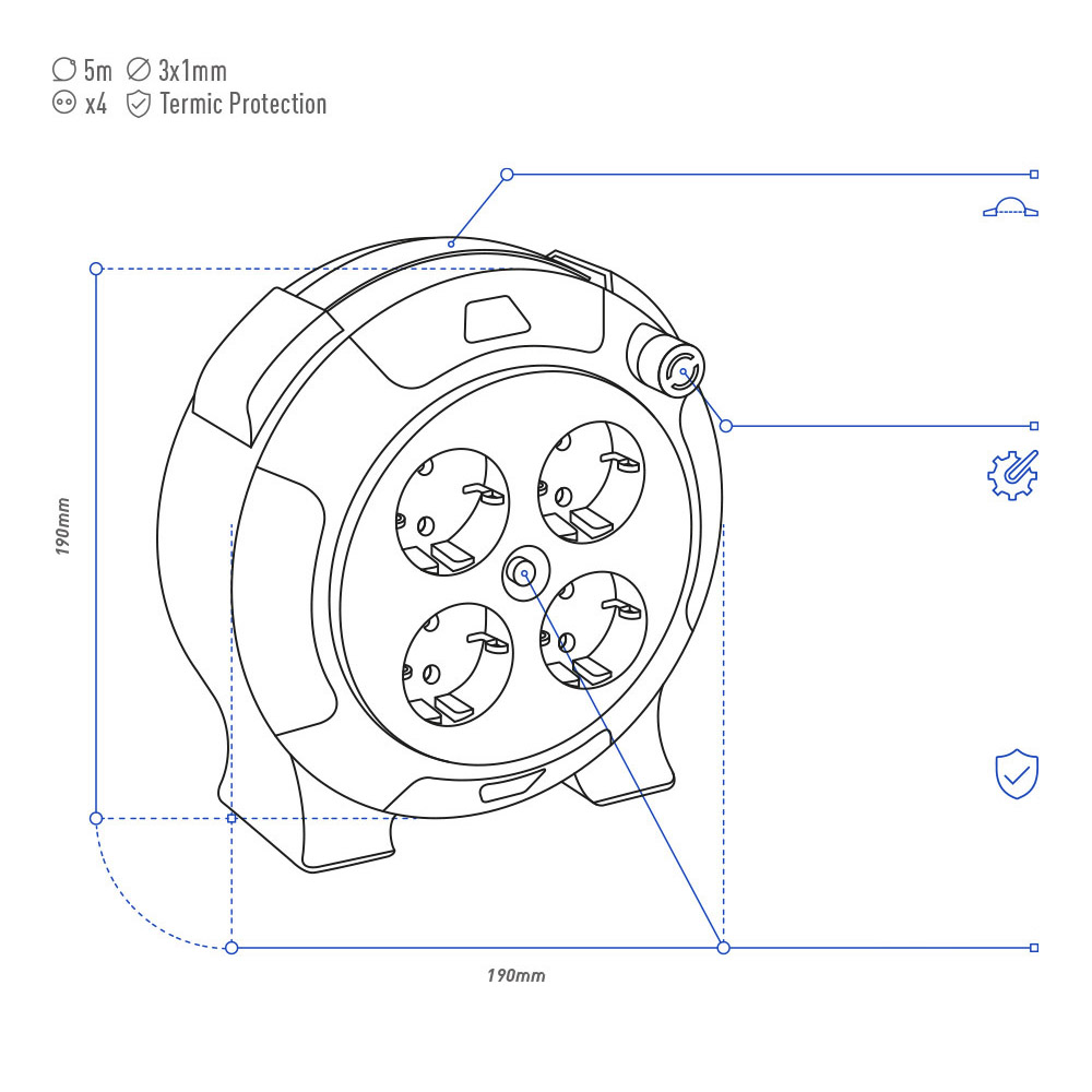 ENROLLACABLES HOGAR 5m 3x1mm 4 TOMAS T/TL CON PROTECTOR TERMICO EDM - Imagen 2