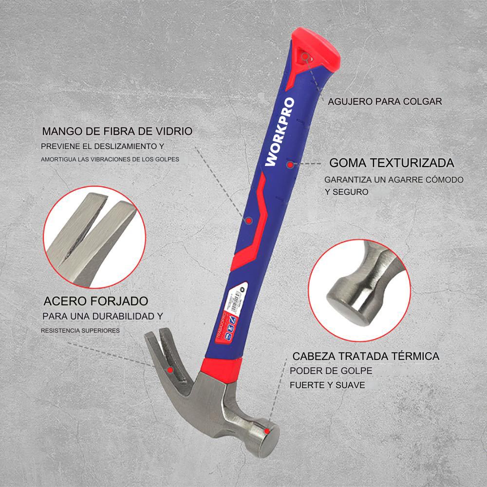 MARTILLO DE CARPINTERO DE 450g CON MANGO DE FIBRA DE VIDRIO. WORKPRO - Imagen 6