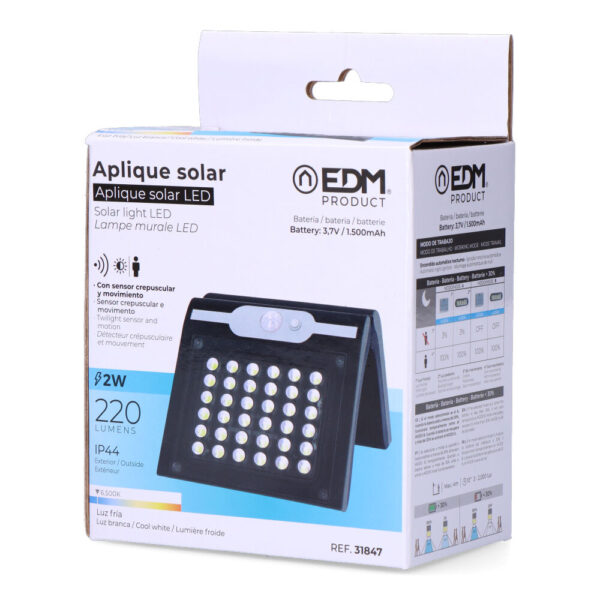 APLIQUE SOLAR 2W 220Lm 6.500K CON SENSOR COLOR NEGRO - Imagen 4