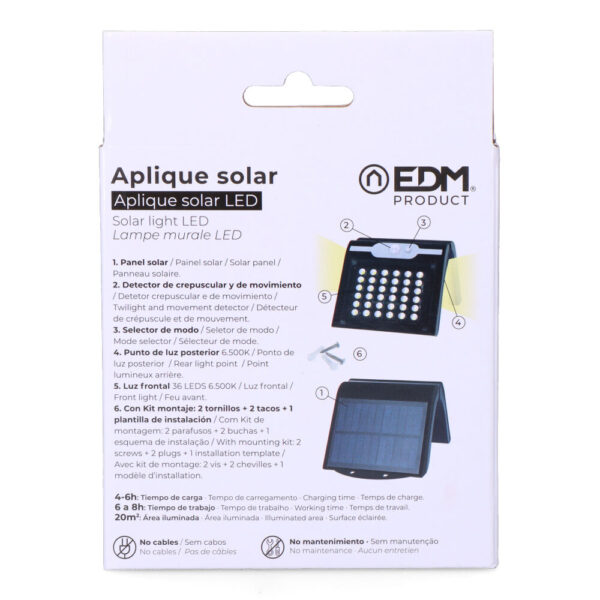 APLIQUE SOLAR 2W 220Lm 6.500K CON SENSOR COLOR NEGRO - Imagen 5