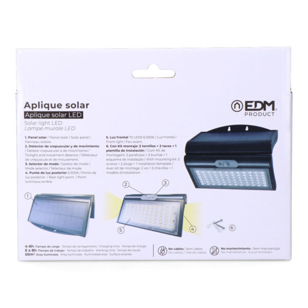 APLIQUE SOLAR 6W 430Lm 6.500K CON SENSOR COLOR NEGRO EDM - Imagen 4