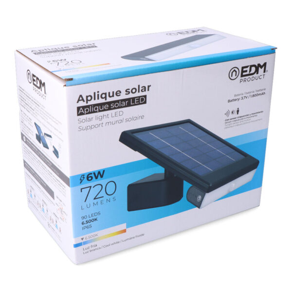 APLIQUE SOLAR LED 6W 720lm 6.500K CON SENSOR CREPUSCULAR Y MOVIMIENTO. PUNTO DE LUZ EXTRAÍBLE. COLOR NEGRO EDM - Imagen 4
