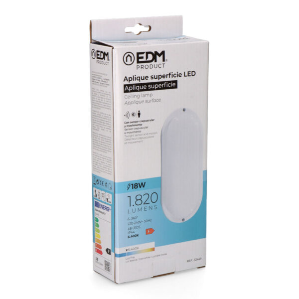 APLIQUE OVAL LED CON SENSOR CREPUSCULAR Y  MOVIMIENTO 18W 1820lm 6.400K EDM