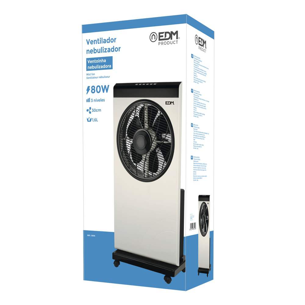 VENTILADOR NEBULIZADOR CON MANDO A DISTANCIA. COLOR BLANCO/NEGRO. POTENCIA: 80W ASPAS: Ø30cm 39x24x84cm EDM