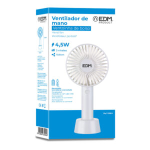 VENTILADOR DE MANO, RECARGABLE. 4,5W ASPAS 10,6x6,5x22cm EDM