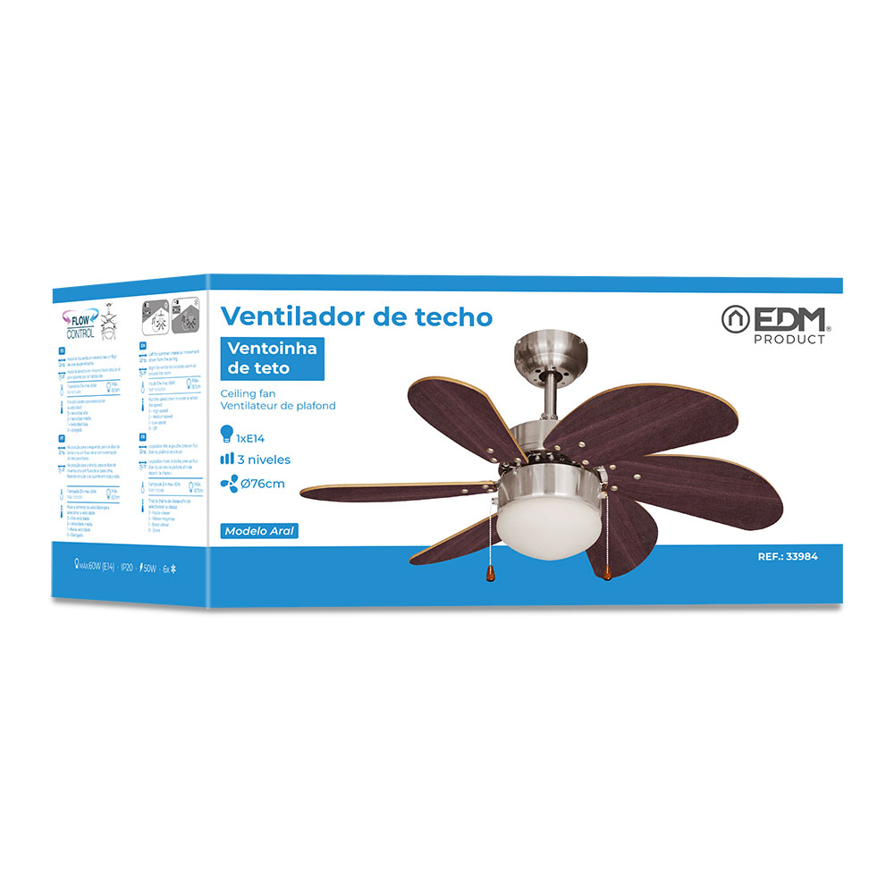 VENTILADOR DE TECHO MODELO ARAL. COLOR WENGUE/NIQUEL SATINADO. POTENCIA: 50W ASPAS: Ø76cm EDM - Imagen 3