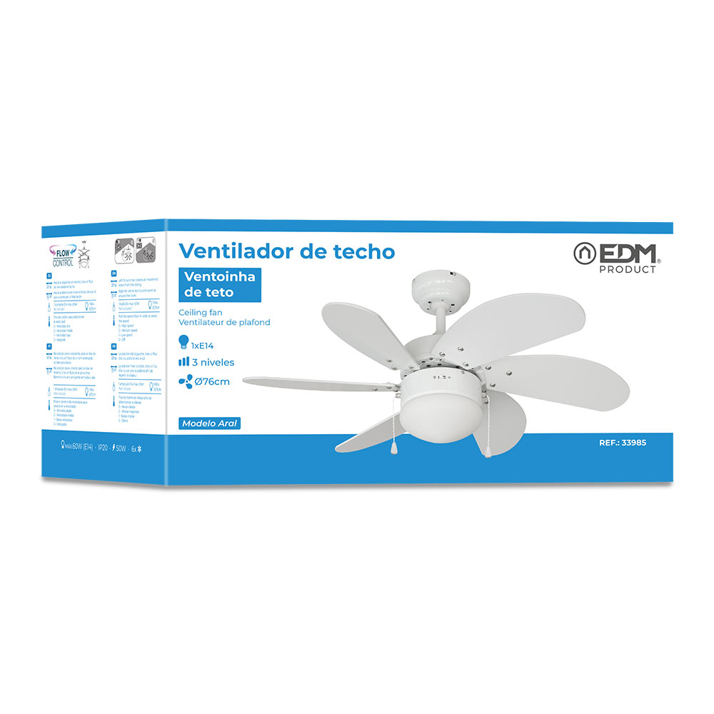 VENTILADOR DE TECHO MODELO ARAL. COLOR BLANCO. POTENCIA: 50W ASPAS: Ø76cm EDM - Imagen 3