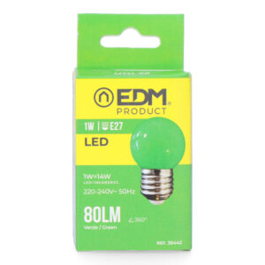 BOMBILLA ESFERICA LED E27 1W 80Lm LUZ VERDE Ø45x69mm EDM