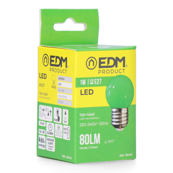 BOMBILLA ESFERICA LED E27 1W 80Lm LUZ VERDE Ø45x69mm EDM - Imagen 2