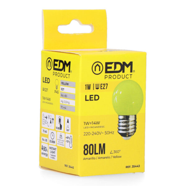 BOMBILLA ESFERICA LED E27 1W 80lm LUZ AMARILLA Ø45x69mm EDM - Imagen 2