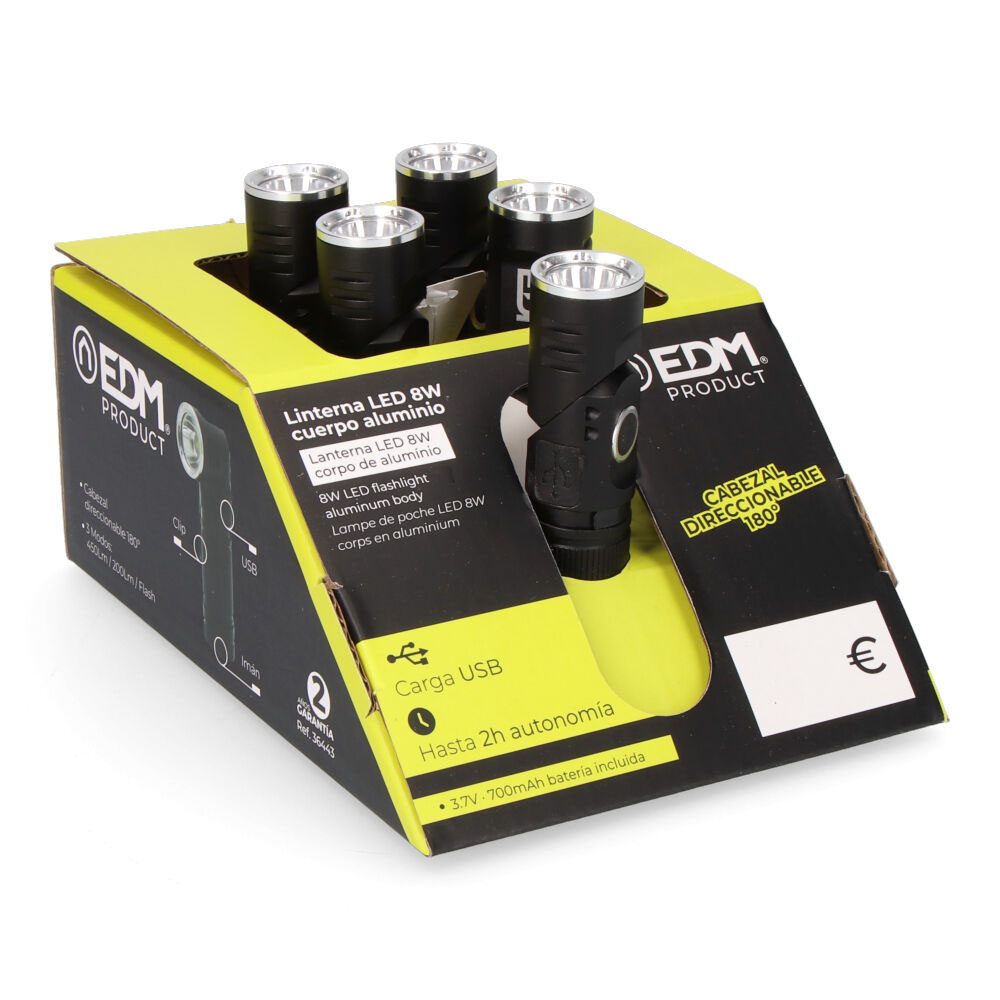 MINI LINTERNA LED 8W 450lm.CUERPO ALUMINIO, CABEZAL DIRECCIONABLE. RECARGABLE - Imagen 5