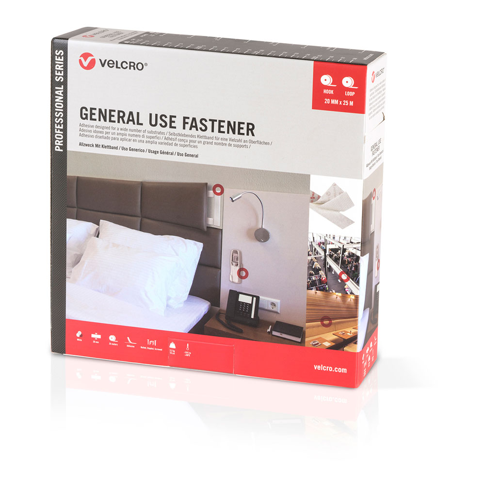 CINTA DE GANCHO Y BUCLE ADHESIVA, BLANCA, 20mm x 25m