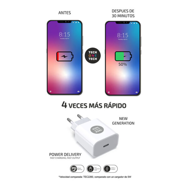CARGADOR PD 20W + CABLE LIGHTNING-APPLE BLANCO TECH ONE TECH - Imagen 3