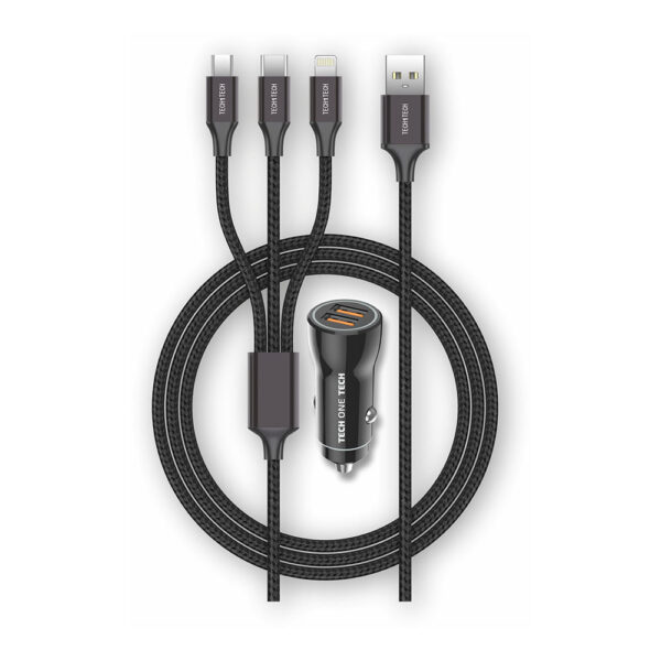 CARGADOR MECHERO NEGRO  2XUSB + CABLE TRIPLE NYLON TECH ONE TECH