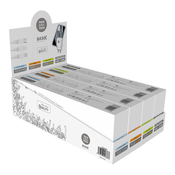 EXPOSITOR BASIK CABLES BLANCOS 10 APPLE+10 USB-C +10 MICRO USB+10 CARGADORES+3 CABLES USB-C GRATIS. TECH ONE TECH - Imagen 2