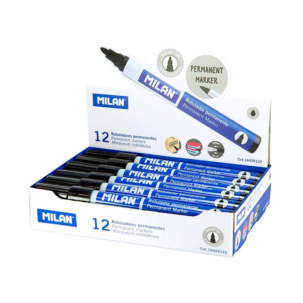 PACK CON 12 ROTULADORES NEGROS PERMANENTES. PUNTA REDONDA MILAN