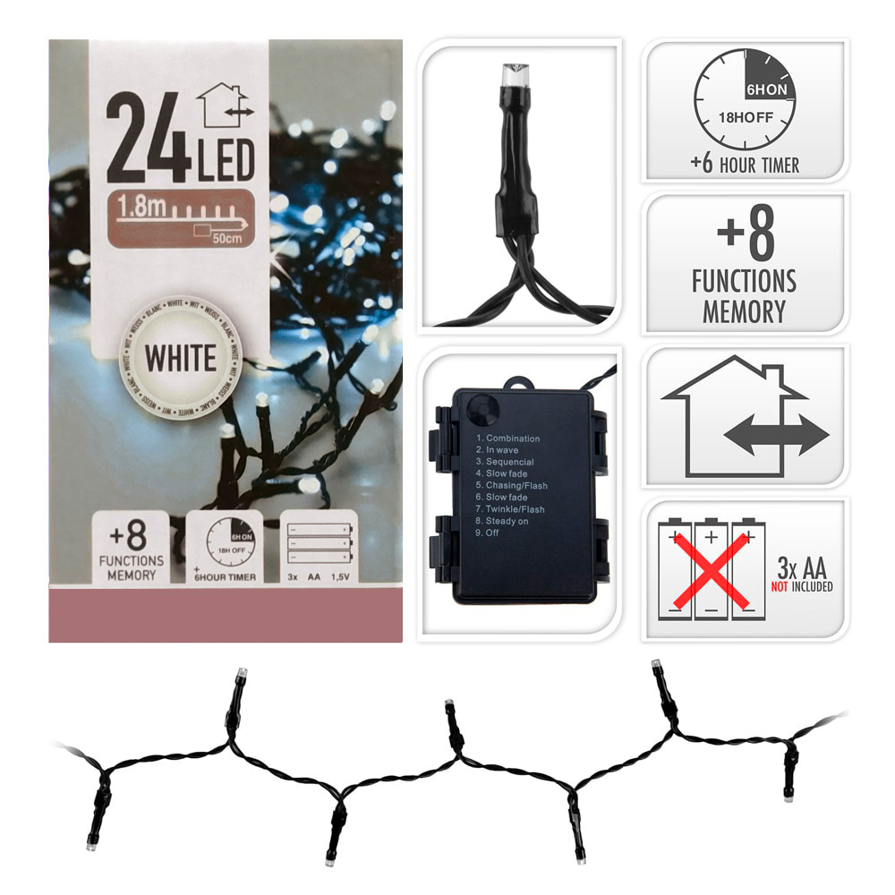 GUIRNALDA A PILAS MULTIFUNCION 24 LEDS CABLE NEGRO LUZ BLANCO FRIO 2,30m