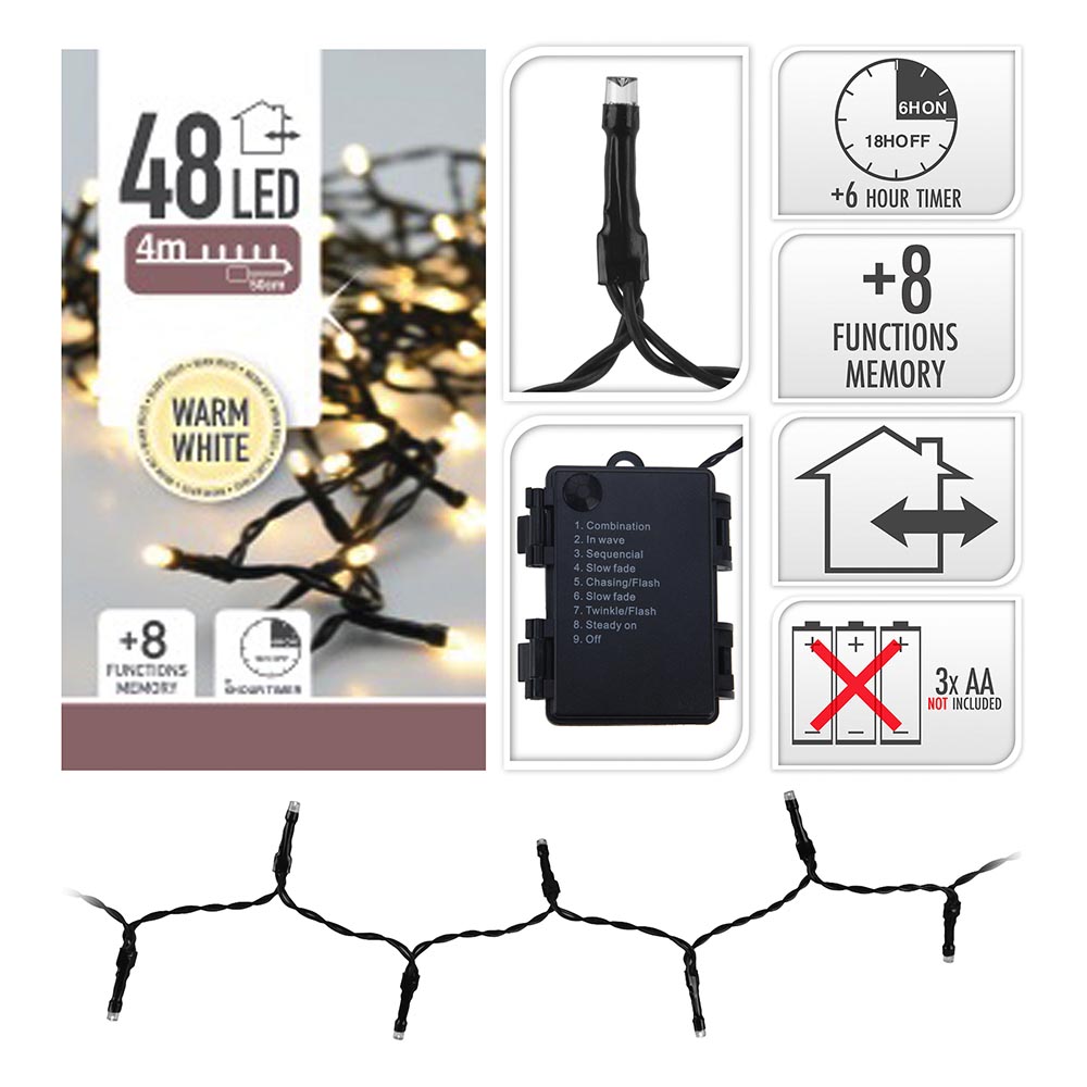 GUIRNALDA A PILAS MULTIFUNCION 48 LEDS CABLE NEGRO LUZ BLANCO CALIDO 4m