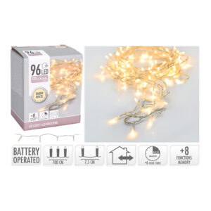GUIRNALDA A PILAS MULTIFUNCION 96 LEDS CABLE TRANSPARENTE LUZ BLANCO CALIDO 7,5m