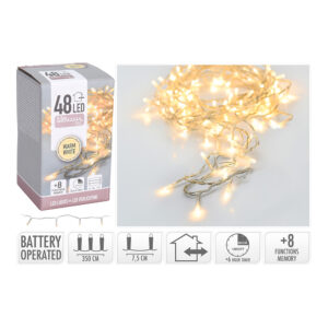 GUIRNALDA A PILAS MULTIFUNCION 48 LEDS CABLE TRANSPARENTE LUZ BLANCO CALIDO 4m