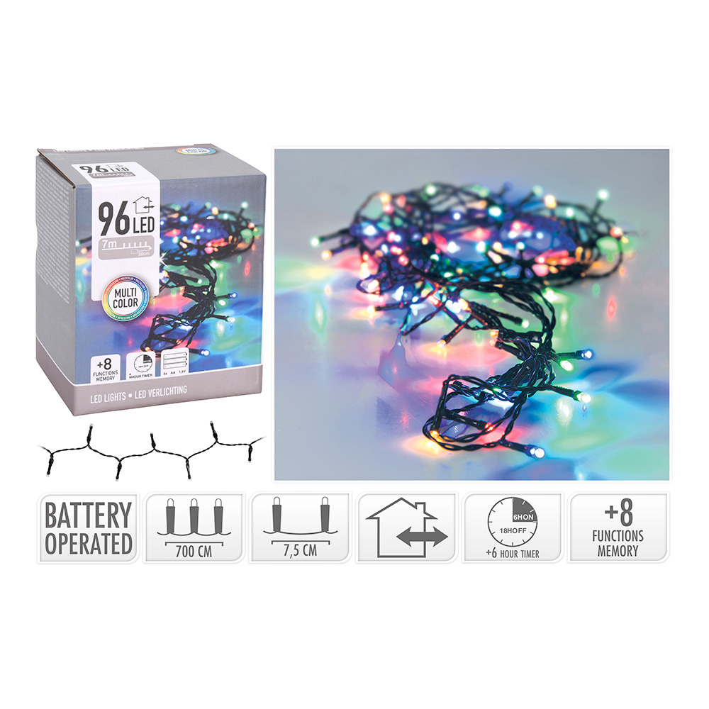GUIRNALDA A PILAS MULTIFUNCION 96 LEDS CABLE NEGRO LUZ MULTICOLOR 7,5m
