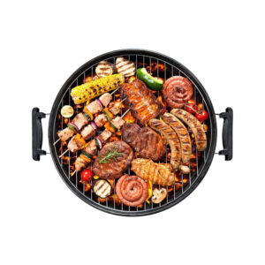 BARBACOA METALICA NEGRA DE PIE CON TAPA Y RUEDAS Ø41x70cm.