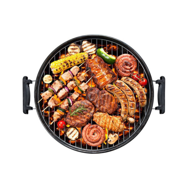 BARBACOA METALICA NEGRA DE PIE CON TAPA Y RUEDAS Ø41x70cm.