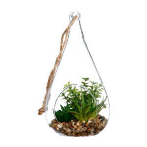 JARRON DE CRISTAL COLGANTE CON PLANTA DECORATIVA 10x19,5cm COLORES / MODELOS SURTIDOS