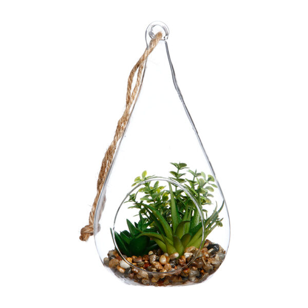 JARRON DE CRISTAL COLGANTE CON PLANTA DECORATIVA 10x19,5cm COLORES / MODELOS SURTIDOS
