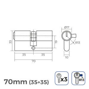 CILINDRO 70mm (35+35mm)  NIQUELADO, LEVA CORTA R13 CON 3 LLAVES DE SERRETA INCLUIDAS