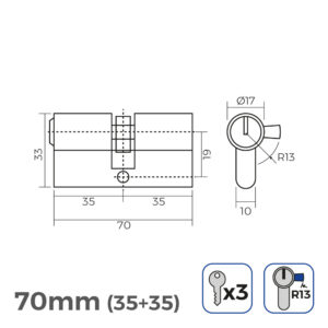 BOMBÍN DE LATÓN 70mm (35+35mm) LEVA CORTA R13 CON 3 LLAVES DE SERRETA INCLUIDAS