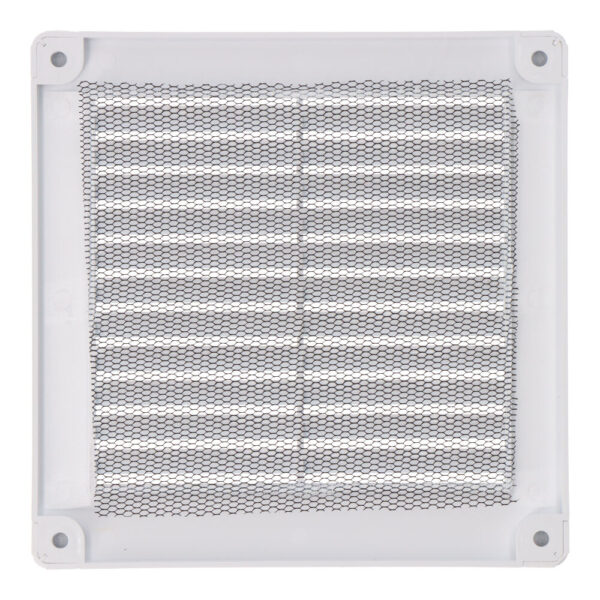 REJILLA VENTILACIÓN CUADRADA CON TAPONES Y MOSQUITERA150x150x7mm ABS BLANCA