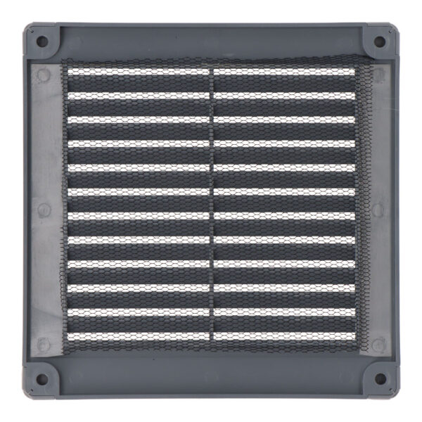 REJILLA VENTILACIÓN CUADRADA CON TAPONES Y MOSQUITERA 150x150x7mm ABS GRIS