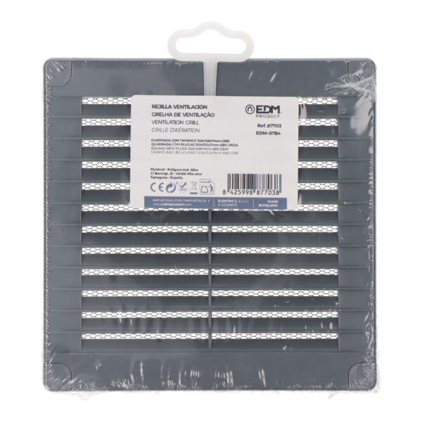 REJILLA VENTILACIÓN CUADRADA CON TAPONES Y MOSQUITERA 150x150x7mm ABS GRIS - Imagen 2