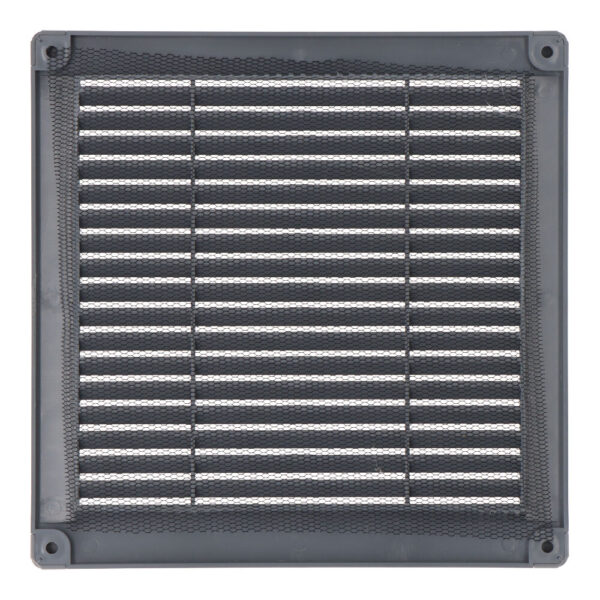 REJILLA VENTILACIÓN CUADRADA CON TAPONES Y MOSQUITERA 200x200x7mm ABS GRIS