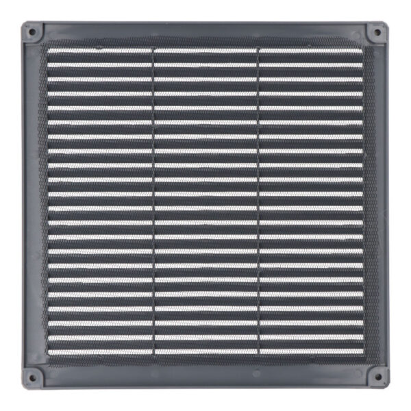 REJILLA VENTILACIÓN CUADRADA CON TAPONES Y MOSQUITERA 250x250x7mm ABS GRIS