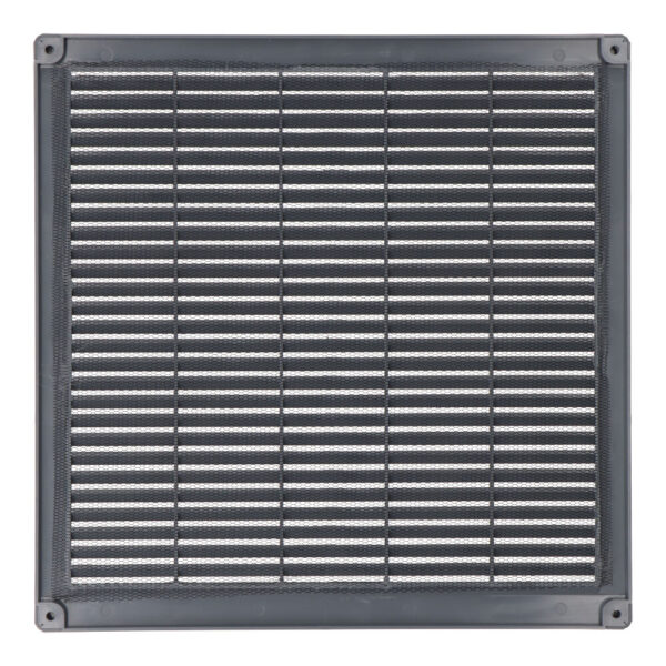 REJILLA VENTILACIÓN CUADRADA CON TAPONES Y MOSQUITERA 300x300x7mm ABS GRIS