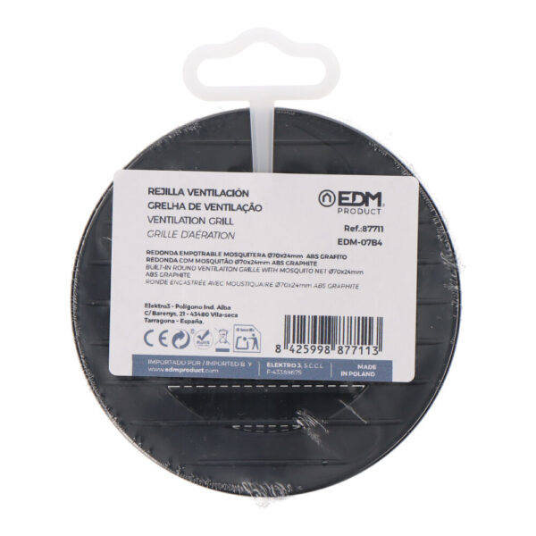 REJILLA VENTILACIÓN REDONDA EMPOTRABLE CON MOSQUITERA Ø70mm ABS GRIS ANTRACITA - Imagen 2