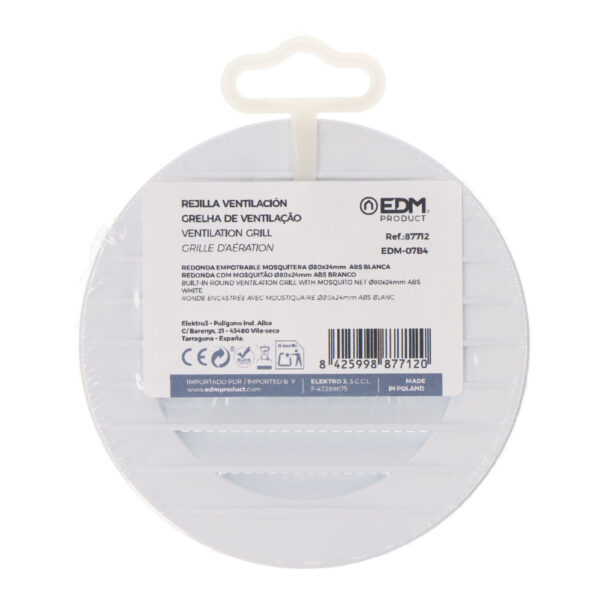 REJILLA VENTILACIÓN REDONDA EMPOTRABLE CON MOSQUITERA Ø80mm  ABS BLANCA - Imagen 2