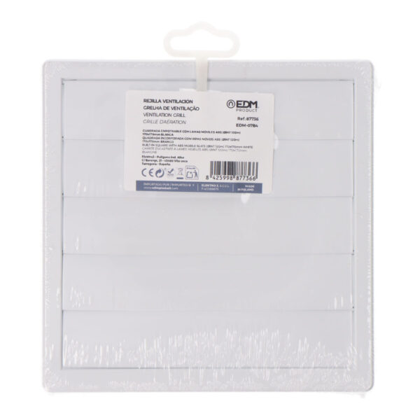 REJILLA VENTILACIÓN CUADRADA EMPOTRABLE CON LAMAS MÓVILES 170x170mm ENCLAVAMIENTO Ø120MM ABS BLANCA - Imagen 3