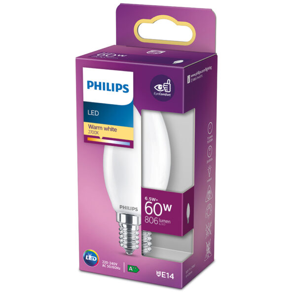 BOMBILLA VELA LED E14 6,5W 806lm 2700K LUZ CALIDA Ø3,5x9,7cm. PHILIPS