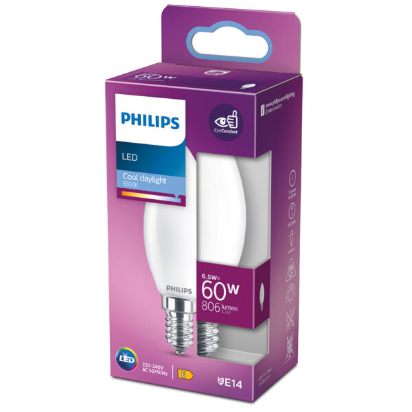 BOMBILLA VELA LED E14 6,5W 806lm 6500K LUZ FRIA Ø3,5x9,7cm. PHILIPS