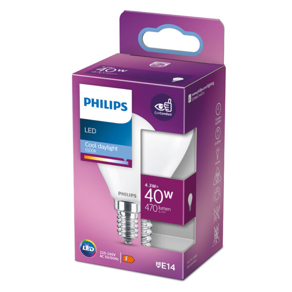 BOMBILLA ESFERICA LED E14 4,3W 470lm 6500K LUZ FRIA Ø4,5x8,2cm PHILIPS