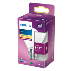 BOMBILLA ESFERICA LED E14 6,5W 806lm 2700K LUZ CALIDA Ø4,5x8cm PHILIPS