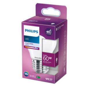 BOMBILLA ESFERICA LED E27 6,5W 806lm 4000K LUZ DIA Ø4,5x7,8cm PHILIPS